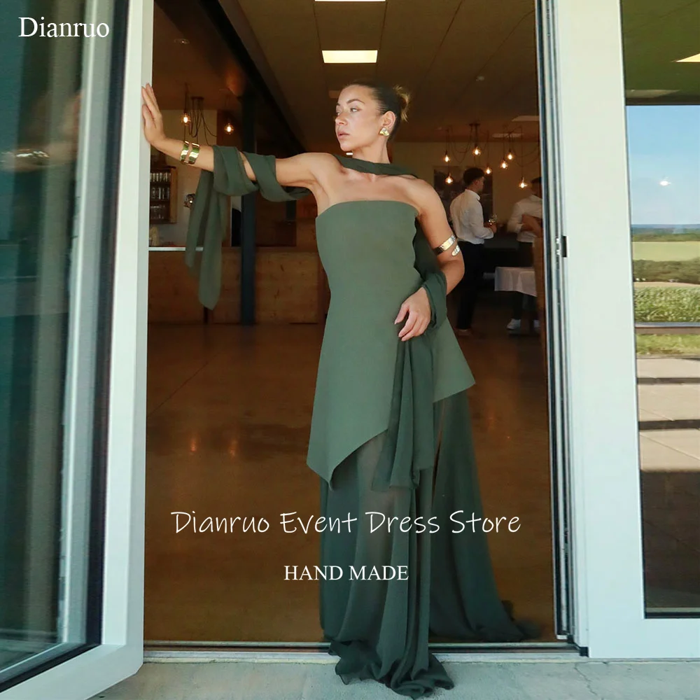 

Dianruo Olive Green Ribbon Evening Dresses Satin Asymmetric Long Prom Gowns Strapless Flowing Dress For Wedding Guest Elegant