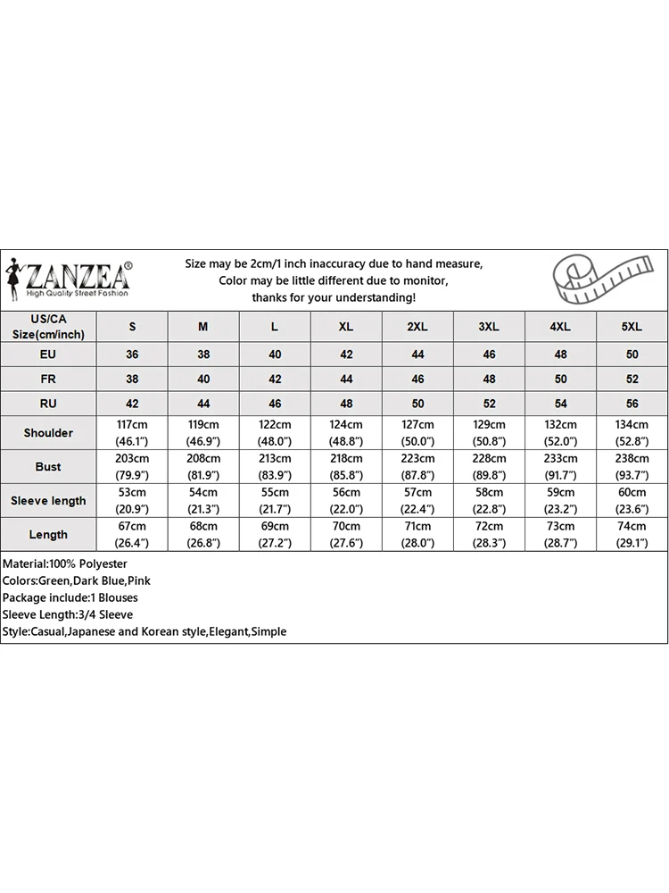 ZANZEA 여성용 캐주얼 루즈한 단색 일반 상의, 3/4 박쥐 소매 블라우스, V넥 셔츠, 한국 오버사이즈 접이식 밑단 블라우스, 패션