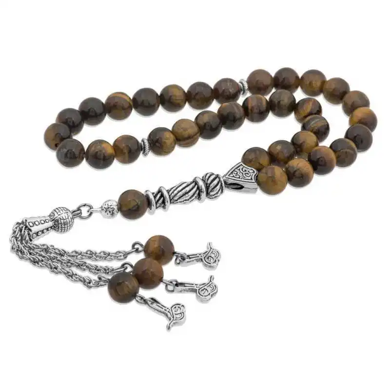 Tiger Eye Stone Rosary Natural Stone Beads 33 Tasbih Rosary 925 Sterling Silver Tasseled, Islamic Muslim Tasbih Allah Men Women Meditation jewelry, Tasby, Unisex