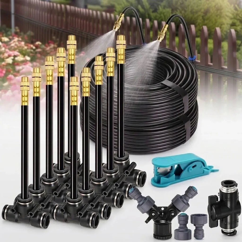 Complete 5-30m 1/4 inch 4/6mm Garden Misting Cooling System with 360 Degree Free-bend Misting Nozzle Adjustable Atomizer Sprayer