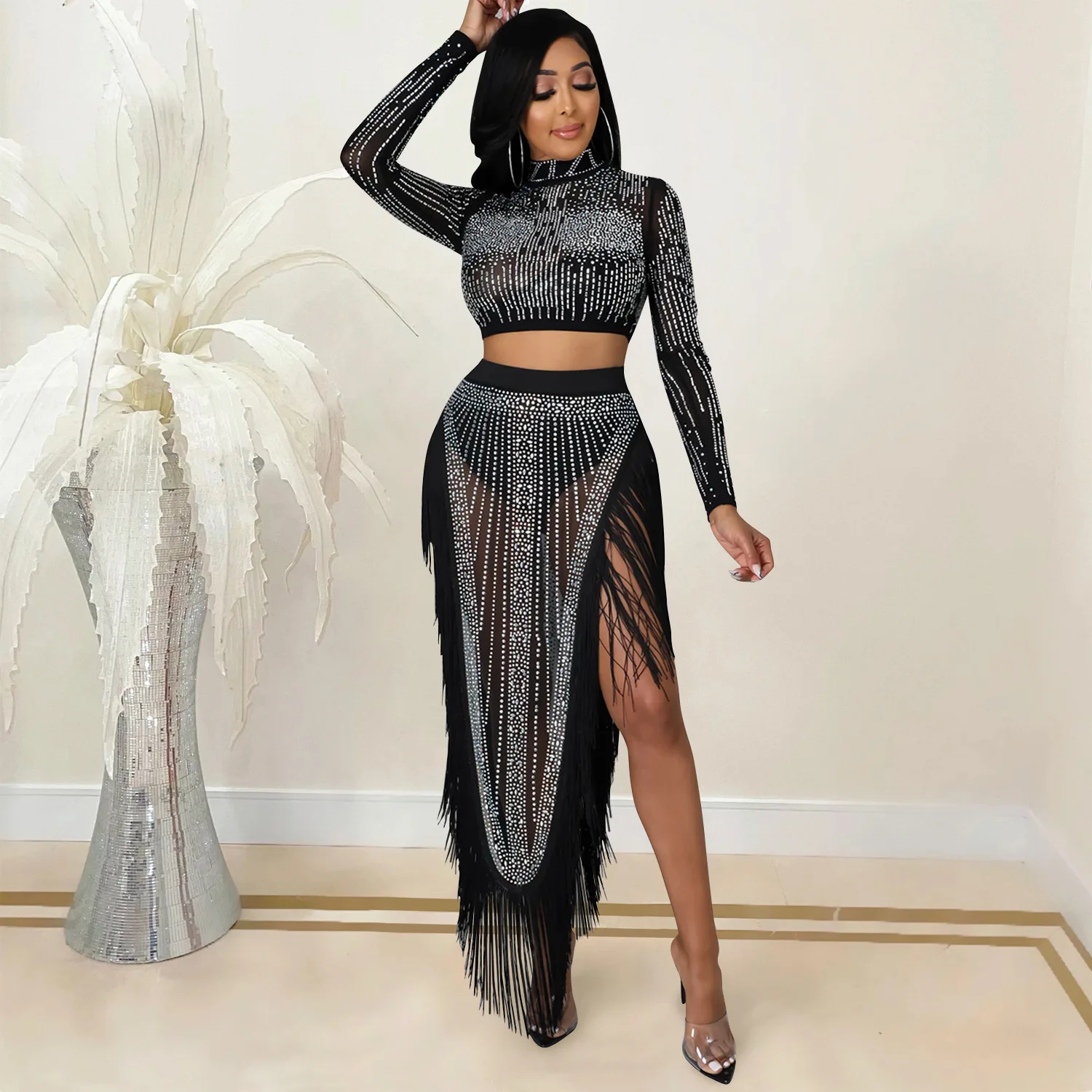 

Sexy Rhinestone Sheer Mesh Tassel Two Piece Set Dress Long Sleeve Zipper Top Irregular Fringed See Through Skirt Women's Set