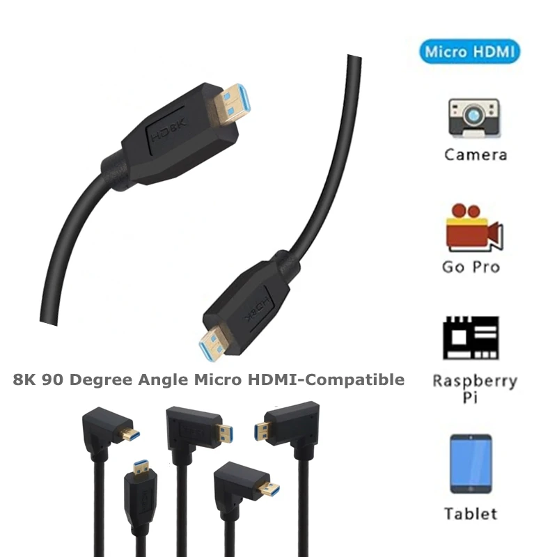 

30 см угол 90 градусов Micro HDMI-совместимый D/D-кабель Micro HDMI-совместимый кабель 2.1 Поддержка 8K при 60 Гц 4K при 120 Гц 48 Гбит/с eARC HDR10