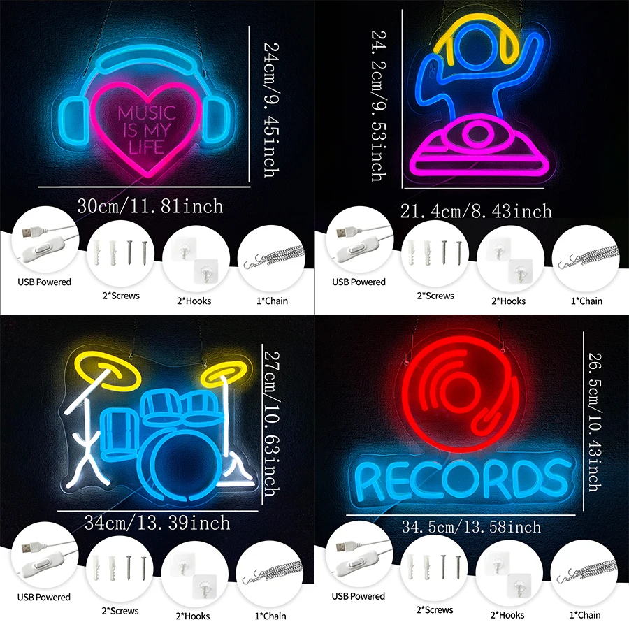 Music Is My Life Led Neon Sign, Drum Record Icon Music Studio Wall Sign, Suitable For Bedroom Live Concert Studio Decor Gifts.