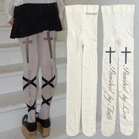 Japanese Gothic Cross Print Tights White Socks for Women Fashion Letter Print Pantyhose Subculture Stockings Party Cosplay Decor