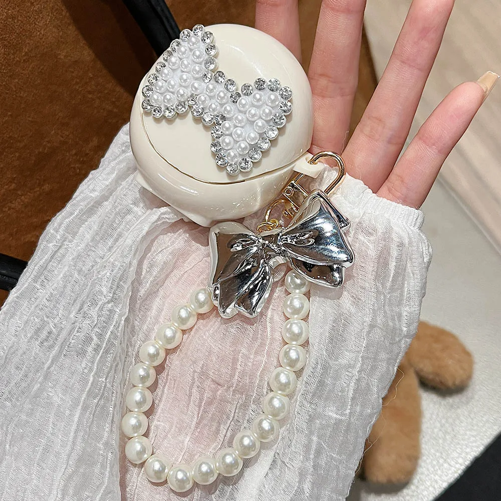 Luxury 3D Pearl Diamond Case For OPPO Enco Air 2i Air3 Soft Shockproof Protective Earphone Case With Electroplated Bow Bracelet