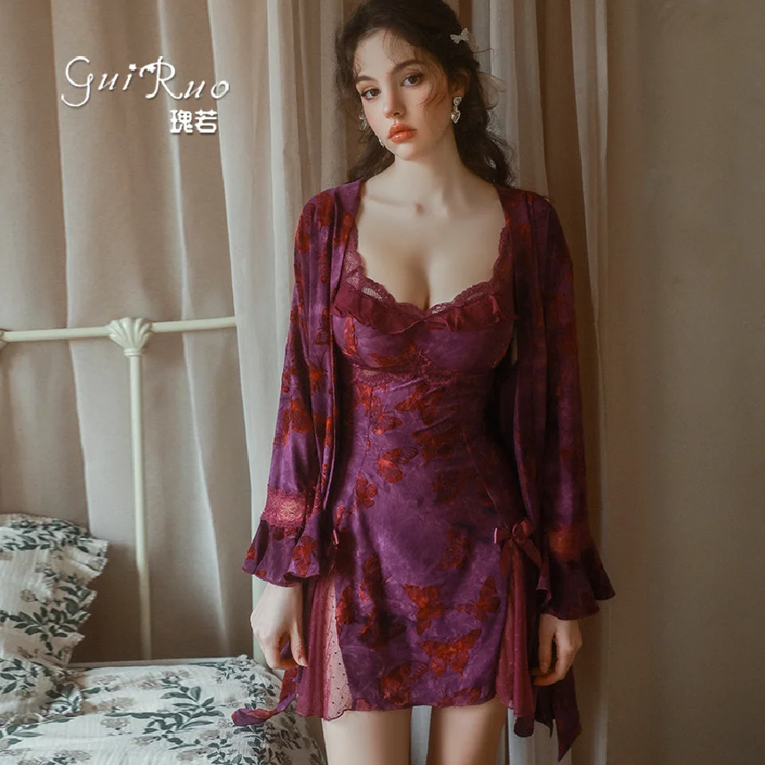 

Ice Silk Butterfly Print Sleepwear Set with Chest Pad Seductive Chemise Robe Combo Comfortable Underwear Outerwear Ensemble