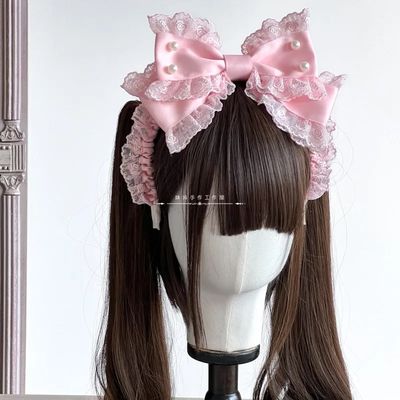 Banda para el pelo con perlas de encaje hecho a mano, Diadema con lazo Kc, Lolita, humor, rosa, azul, lindo, Original, Harajuku, limitado