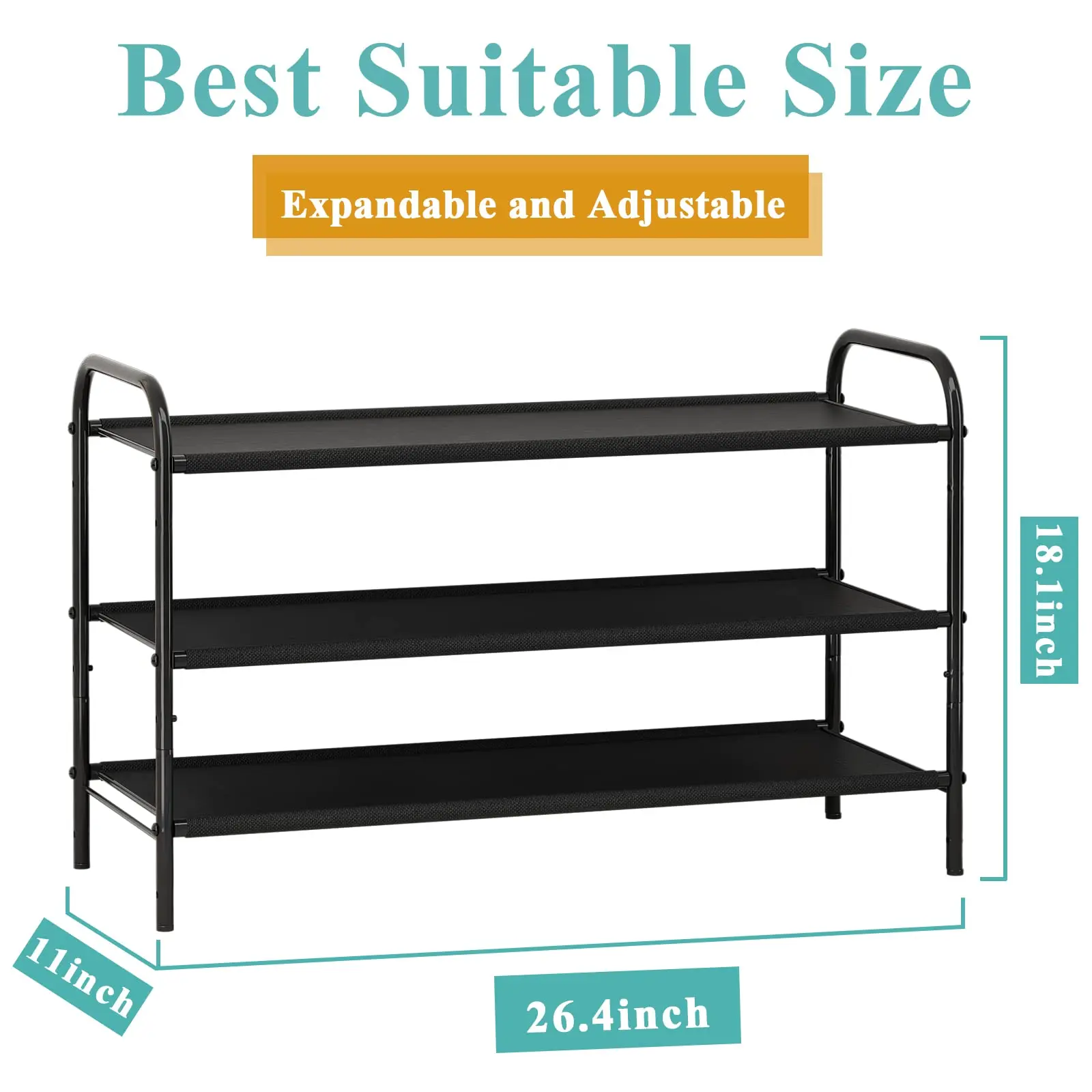 3 Tier Stackable Shoe Rack Organizer Storage, Adjustable Fabric Shoe Shelf for Closet Closet Hallway Bedroom Entryway, Black