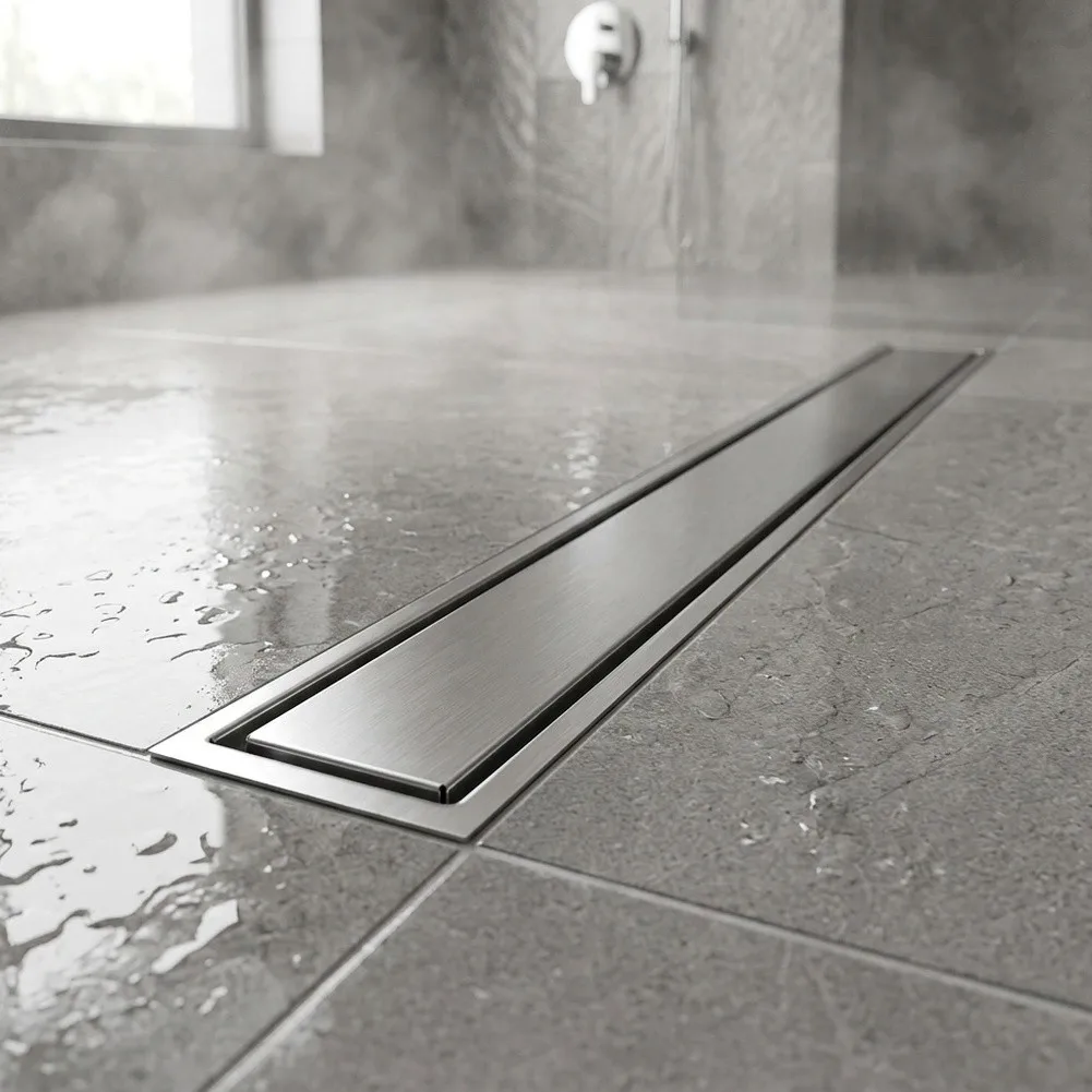 Brushed Finish Stainless Steel Shower Drain with Flat Cover and Central Drain Port for Efficient Water Evacuation in Floors