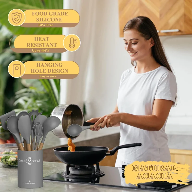 Silicone Kitchen Cooking Utensil Set, 9Pcs Kitchen Utensils Spatula Set with Wooden Handle Nonstick Cookware, 446 °F Heat Re