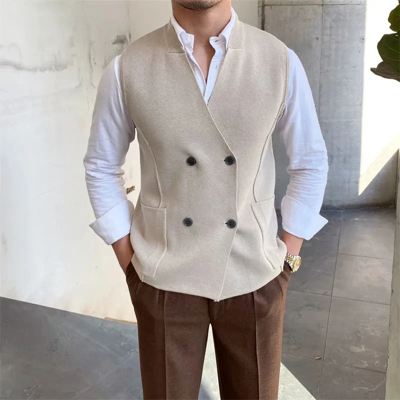 

British Style Gentleman Waistcoat Knitting Vest Man Vintage Sleeveless Jacket Male Slim Gilets double-breasted Autumn Winter New