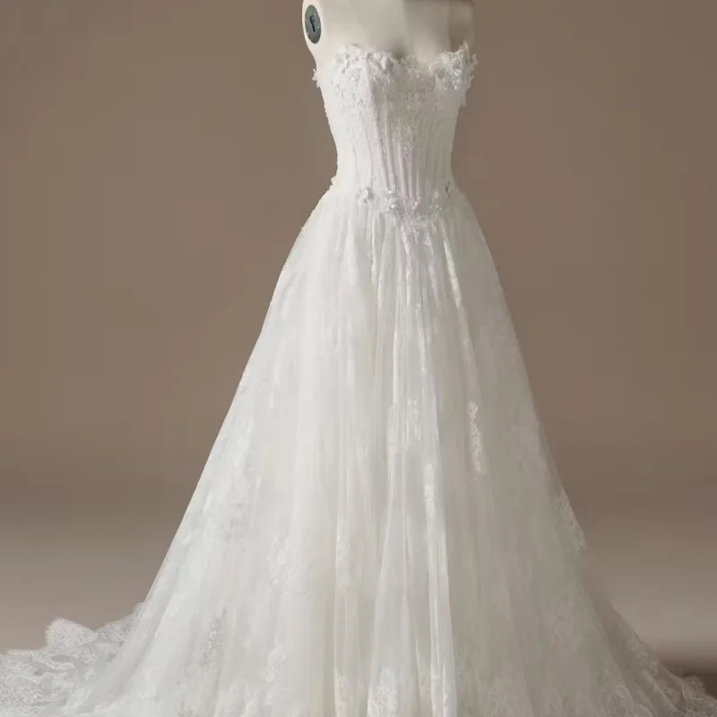 White Lace  Appliques Wedding Dresses 3D Flowers Decal Skirt Long Tail A-Line Skirt Made Wedding Dress Bridal Gown Customize