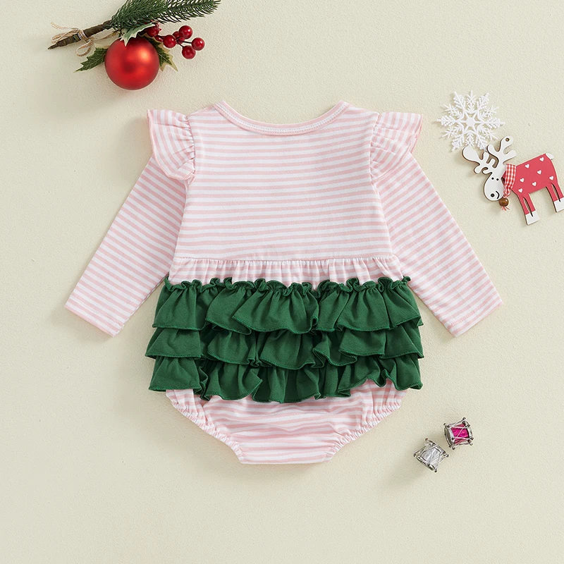 Christmas Newborn Baby Girls Casual Rompers Clothes Xmas Tree Embroidery Striped Loose Long Sleeve Jumpsuits Xmas Costume