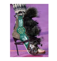 Thin High Heel Peep Toe Design Fluffy Sandals Women Fashion Strap Ankle Feather Sandals Zip Summer Show New Shoes Embroidery