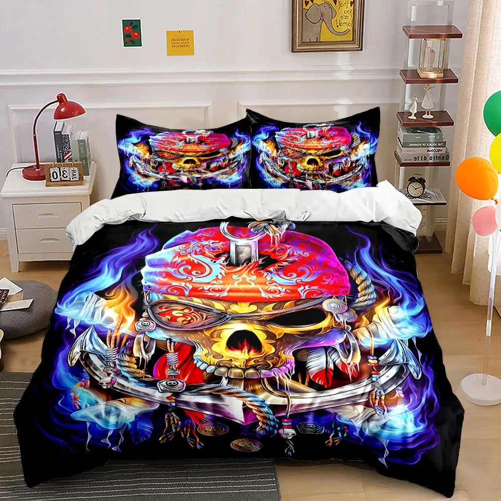 Vibrant Skull with Fiery Ornaments Print Bedding Set 1 Duvet Cover 2 Pillowcases for Adult and Children Luxury Gift Full Size