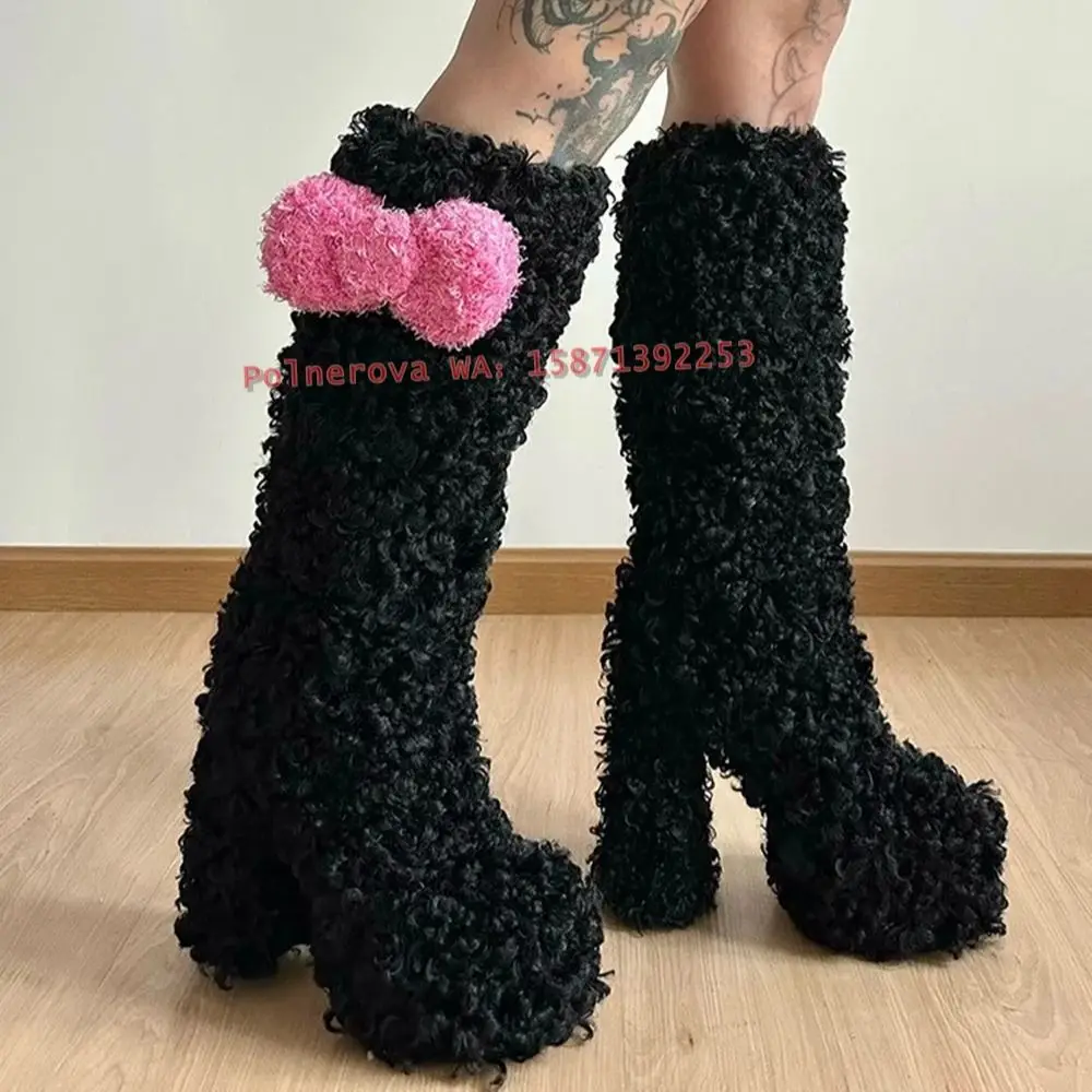 Pink Bowknot Furry Fur Black Fashion Boots Round Toe Block Heels Platform Mixed Colors Sweet Girls Knee High Boots Cosplay 2024