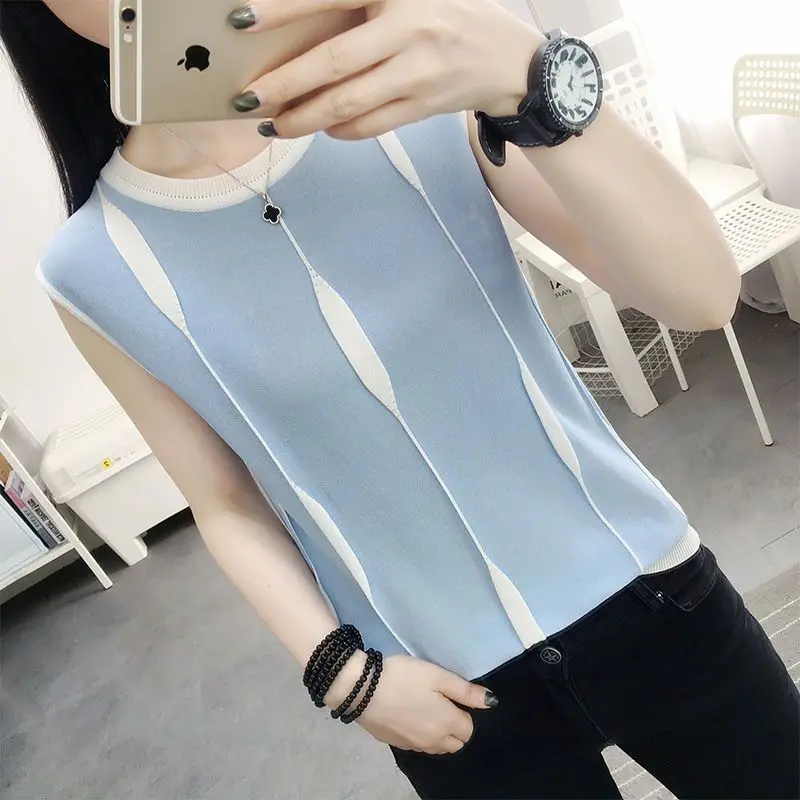 Simplicity Office Lady Summer Women\'s Round Neck Jacquard Weave Contrast Color Fashion Casual Sleeveless Loose Knitting Tank Top