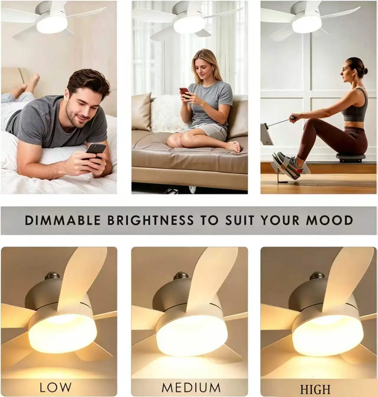 4PCS E27 Screw-in Fan Light with Remote, 3-color stepless dimming, six blades, white. Ideal for bedroom, kitchen and living room