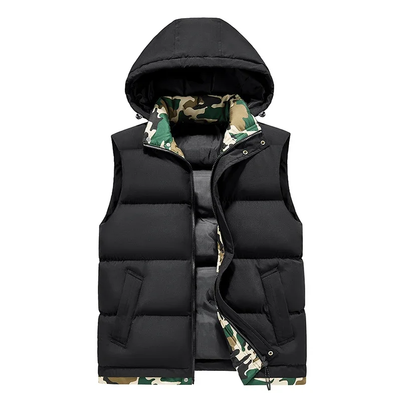 

Men's Camouflage Windproof Warm Quilted Vest with Detachable Cap Fashionable Trendy Autumn Winter New Style Outerwear Jacket