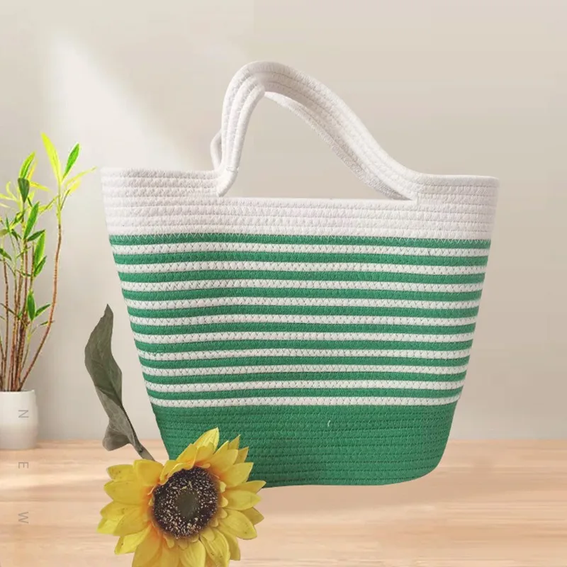 

Cotton Rope Striped Woven Bag Women Shoulder Bag Handmade Stitched Beach Photoshoot Fashion Tote Boho Chic Handbag