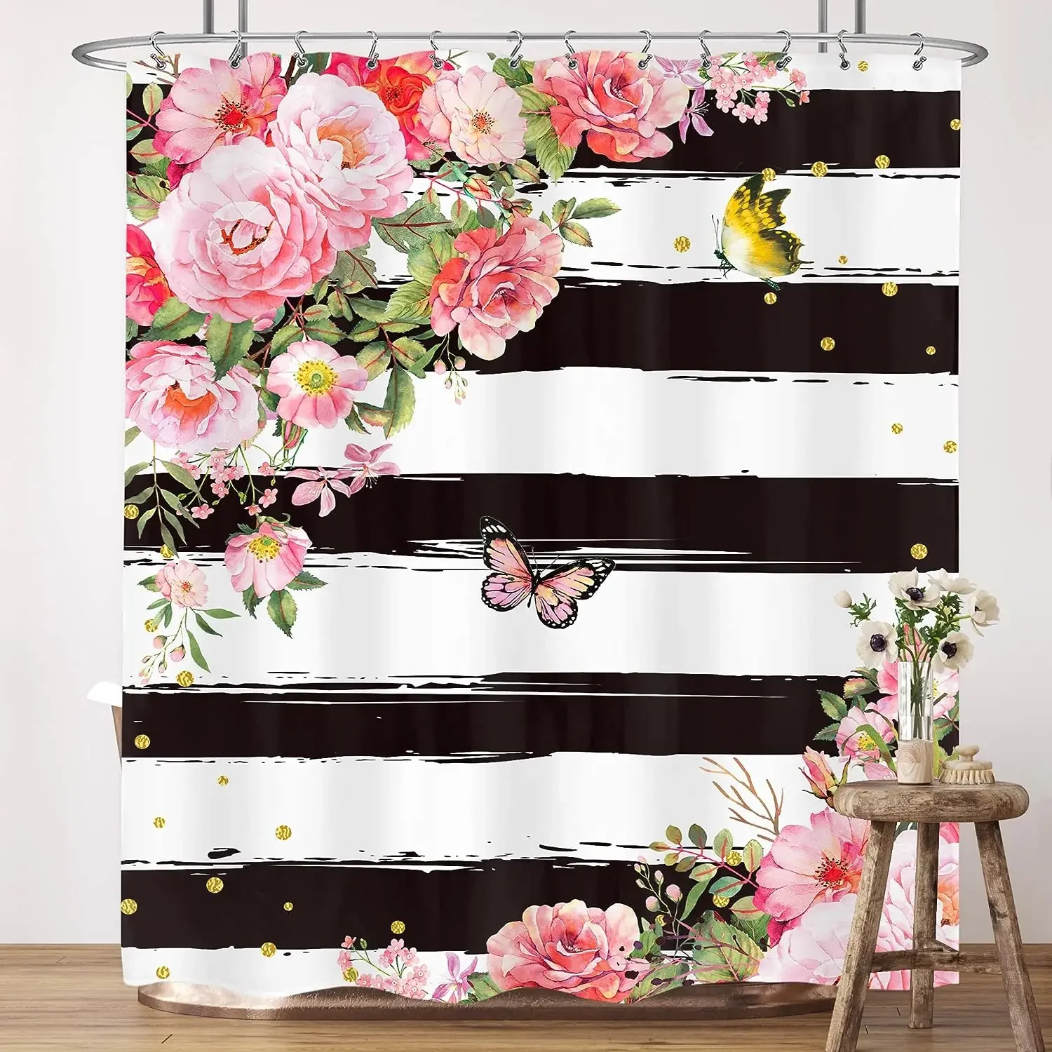 Floral Shower Curtains Blue Pink Watercolour Flowers Plants Butterfly Modern Simple Polyester Fabric Bathroom Decor With Hooks