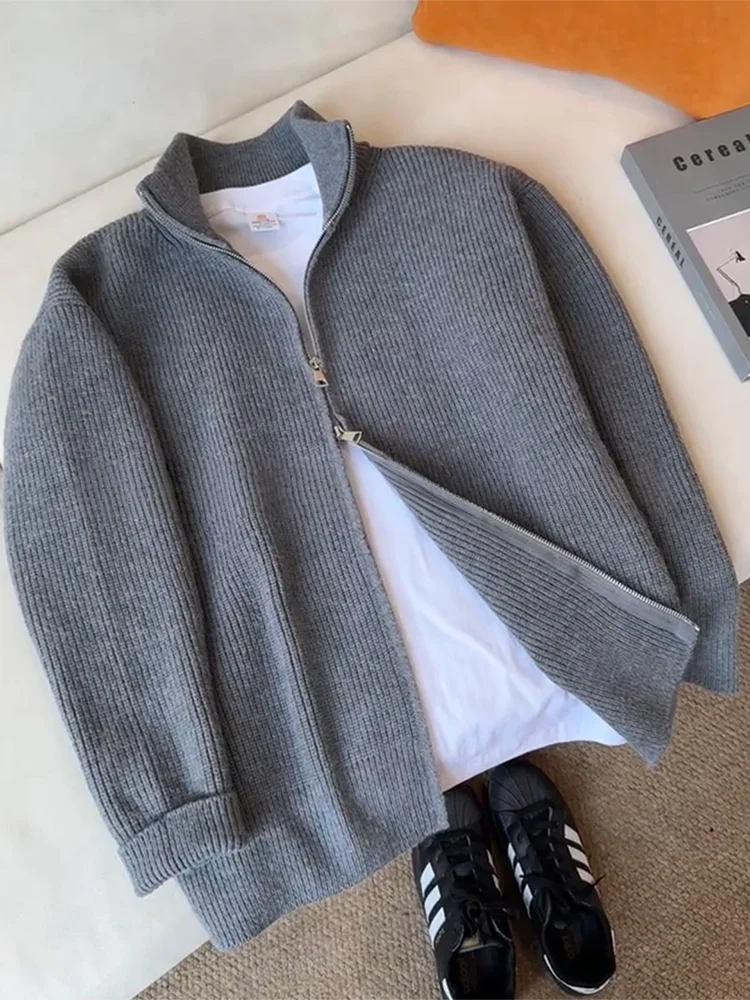 

ay Zipper Collar Knitted Sweater Double Zipper Casual Sle Men Women Autumn Faion Lazy High-End Feeling Open Cardigan Coat