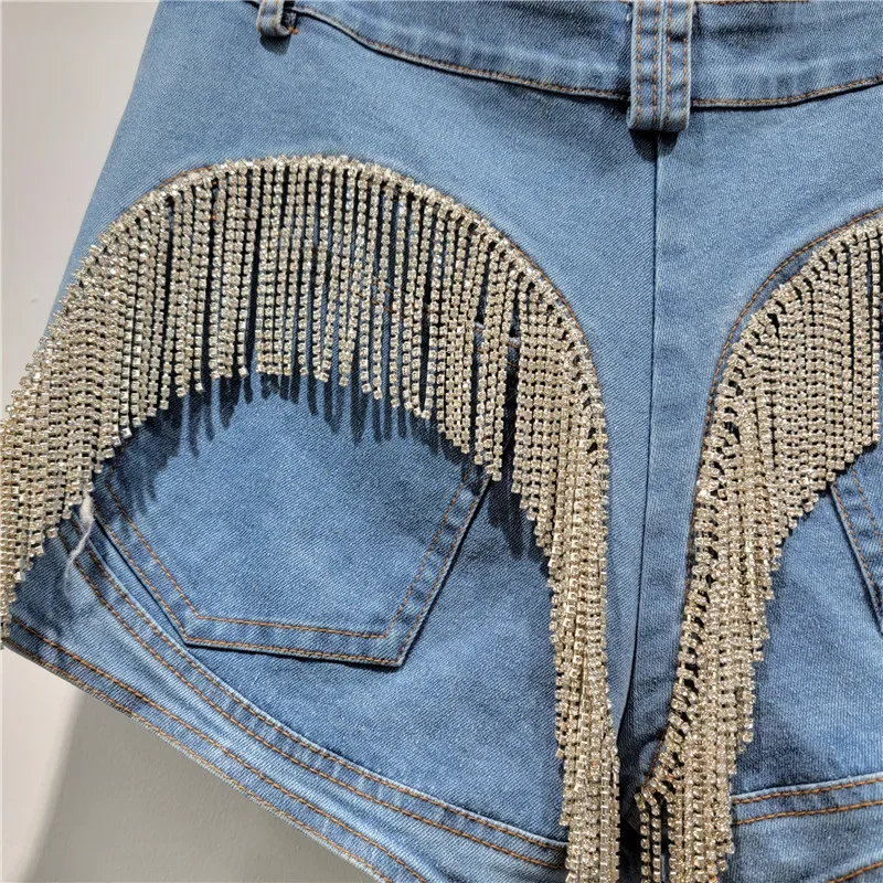 شيك كريستال الماس شرابات الربط الساخن الدنيم السراويل الإناث الخصر النحيف ضيق الراين مهدب الجينز السراويل كاوبوي بنطلون
