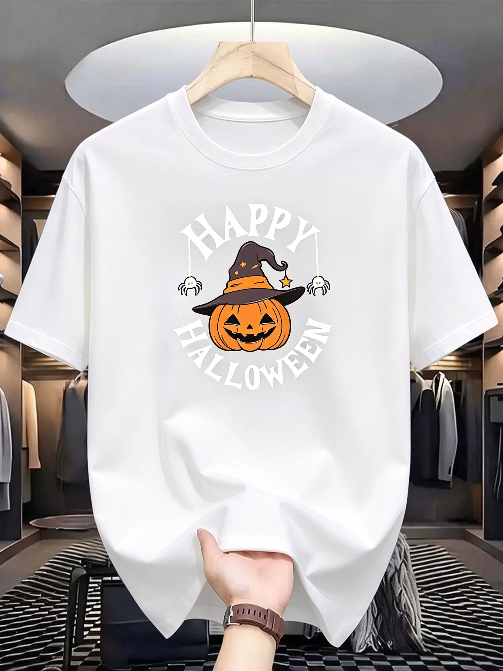 2026 New Happy Halloween Pumpkin Witch Hat Spider Graphic T-shirt Men Women O Neck Short Sleeve Streetwear Tee