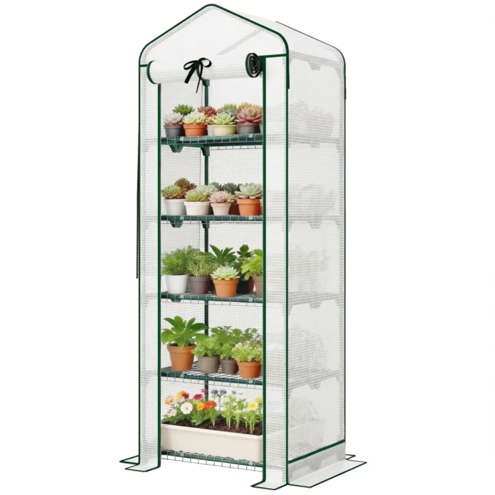 5-Tier Mini Greenhouse with Reinforced PE Cover, Portable Plant Growing Rack with Roll-Up Door, Heat Preserved & Bird Proof Greenhouse for Indoor/Outdoor