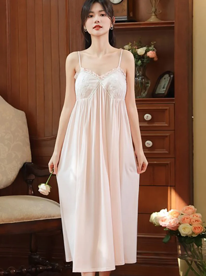 Sleeveless Backless Nightdress Women Summer Cotton Sexy Lace Pajamas French Victorian Ruffles Princess Loose Chest Pad Sleepwear