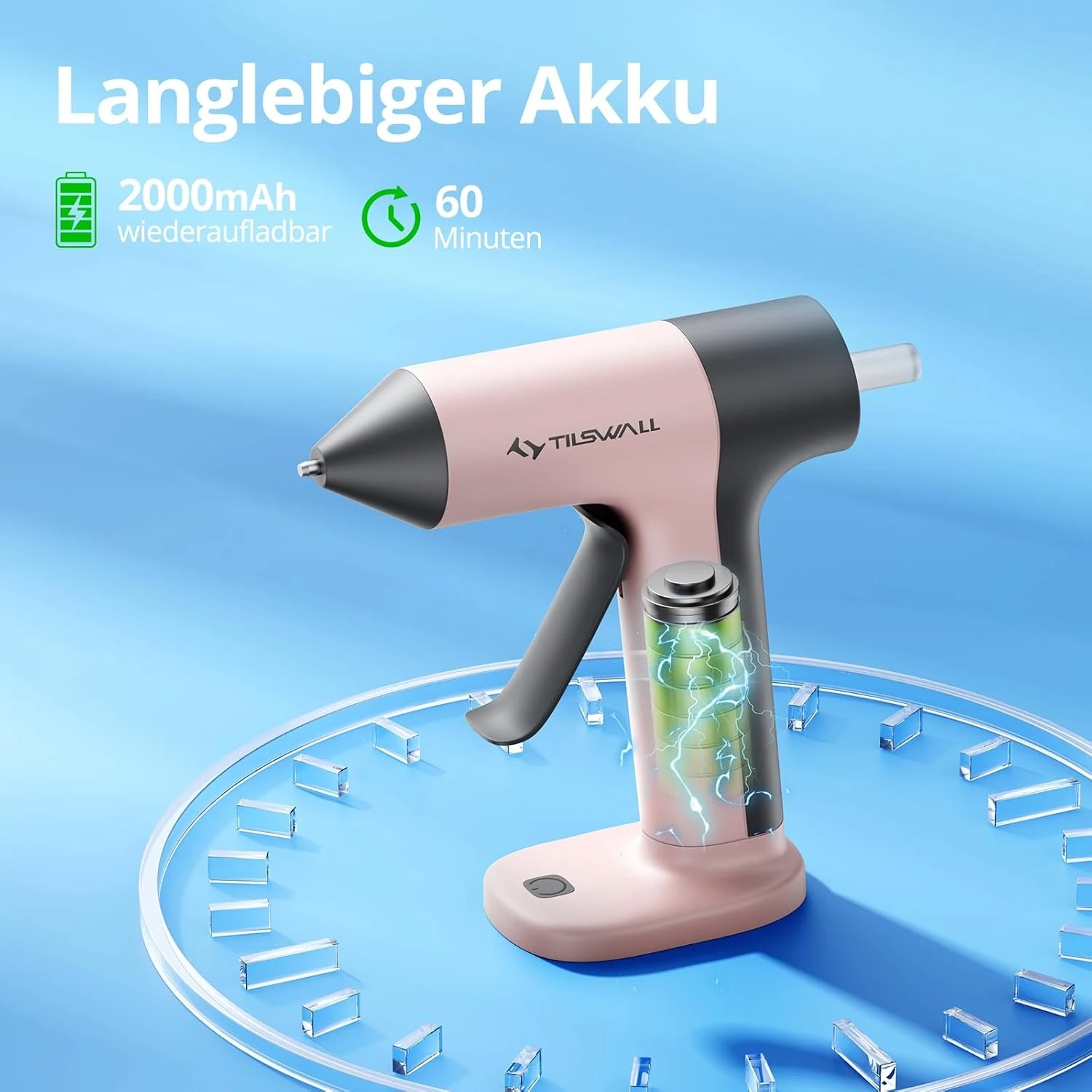 Akku-betriebene Heißklebepistole, 4 V, USB-C, wiederaufladbar, Mini-Heißklebepistole mit Akku, 30 Sekunden schnelle Aufheizzeit, tropffreie Düse, inklusive 7 Heißklebestiften à 140 mm, tragbare Klebepistole für Bastelarbeiten, DIY-Projekte und Reparaturen im Haushalt. – Detail 2