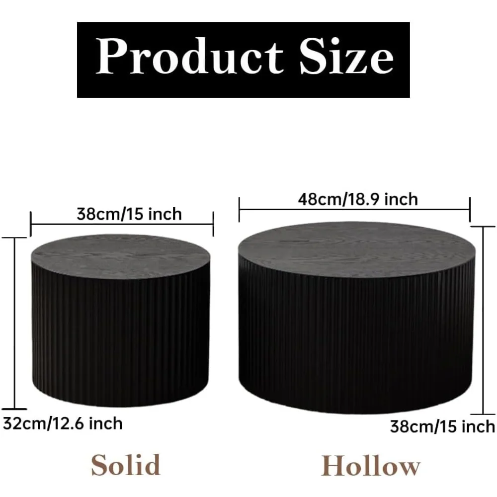 مجموعة طاولة القهوة المستديرة المتداخلة مكونة من 2 طاولة قهوة حديثة مخددة باللون الأسود وطاولة قهوة دائرية صغيرة وطاولة جانبية دائرية