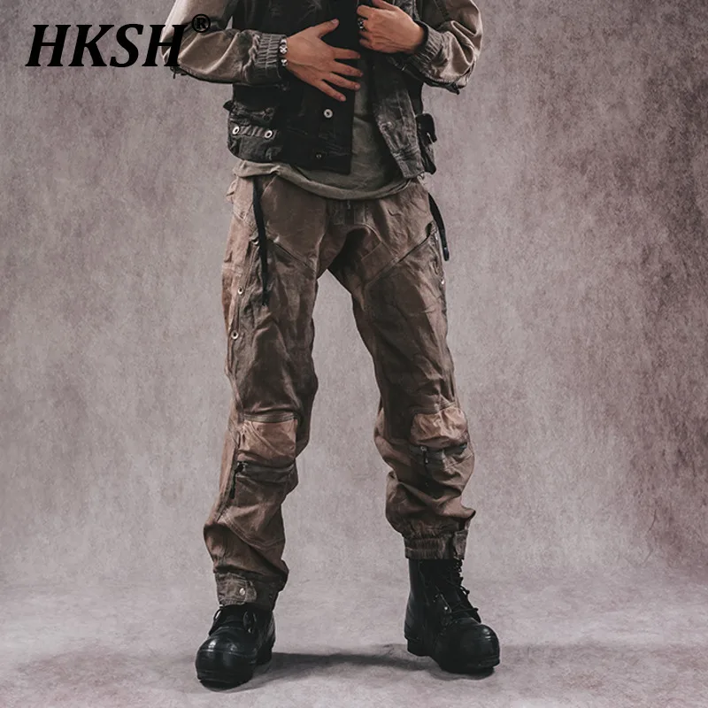 HKSH Men\'s Tide Punk Waste Land Niche Design Double Layer Overalls Vintage Strap Multi Pocket Tactical Casual Cargo Pants HK0815