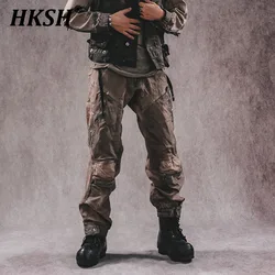 HKSH Men's Tide Punk Waste Land Niche Design Double Layer Overalls Vintage Strap Multi Pocket Tactical Casual Cargo Pants HK0815