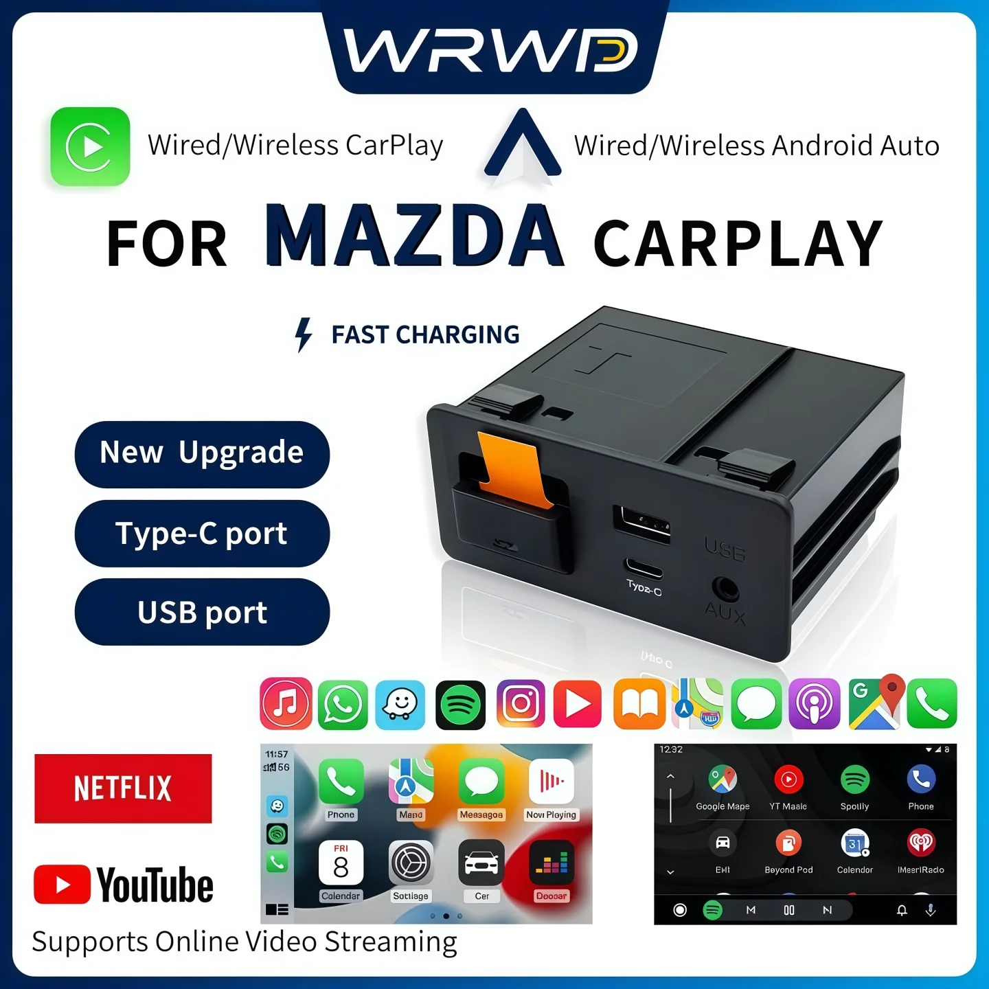 P3.2 Type-c Fast Charging Apple Android AUTO Wirelessly Connected Watch YouTube Netflix Videos For Mazda  2 3 6 CX30 CX5 CX8 CX9