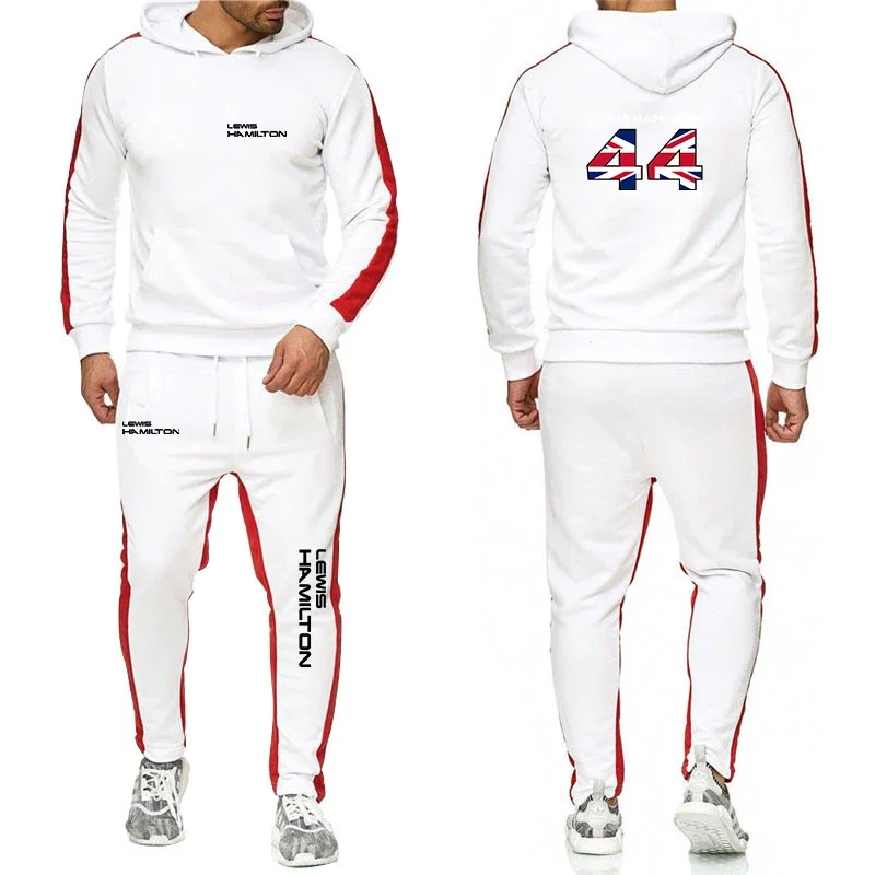 F1 Driver Lewis Hamilton Digital 44 Men's Harajuku Style Sportwear Printed Solid Color Hoodie And Pants 2-piece Set Streetwear