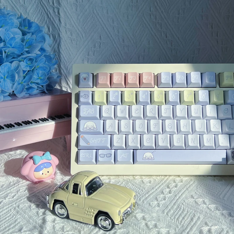 

141Keys Macaron Color Keycap Working Puppy Cherry Pbt Five-Sided Sublimation Mechanical Keyboard Diy Cute Puppy Sky Blue Keycap