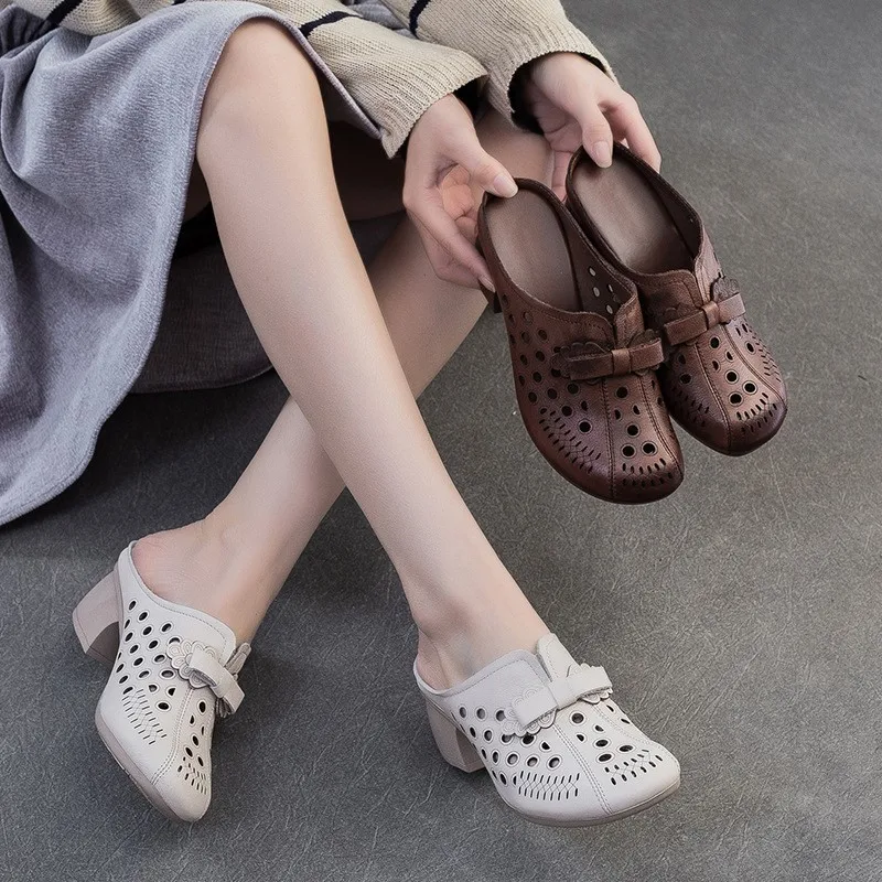 

GKTINOO 2025 Summer New Retro Mid-heel Outdoor Slippers Genuine Leather Comfortable Breathable Versatile Women's Shoes