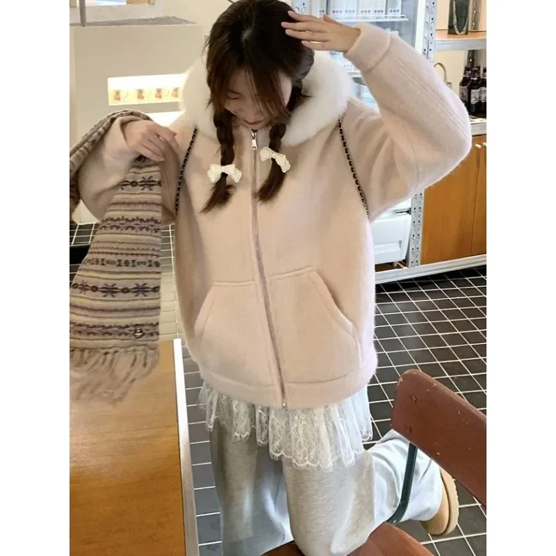 Japanese Autumn Winter Big Fur Collar Hooded Jacket for Women Cute Atmospheric Woolen Coat Korean Vintage Long Sleeve Solid Coat