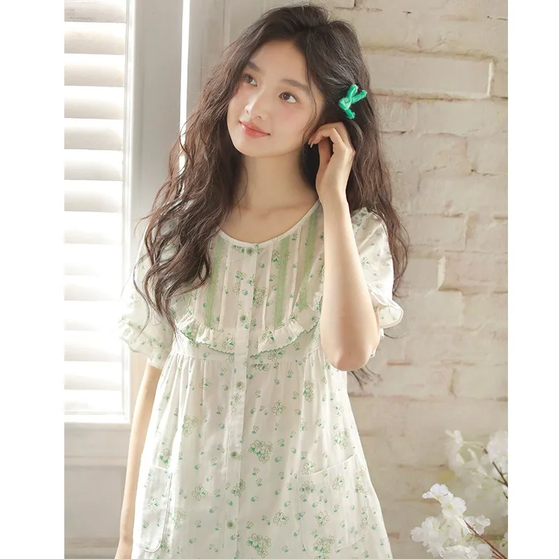 Women's Summer Cotton Pajama Set Short-Sleeved Crew Neck Top with Cropped Pants  Sweet Floral Print Loose Cardigan 2PCS Sets