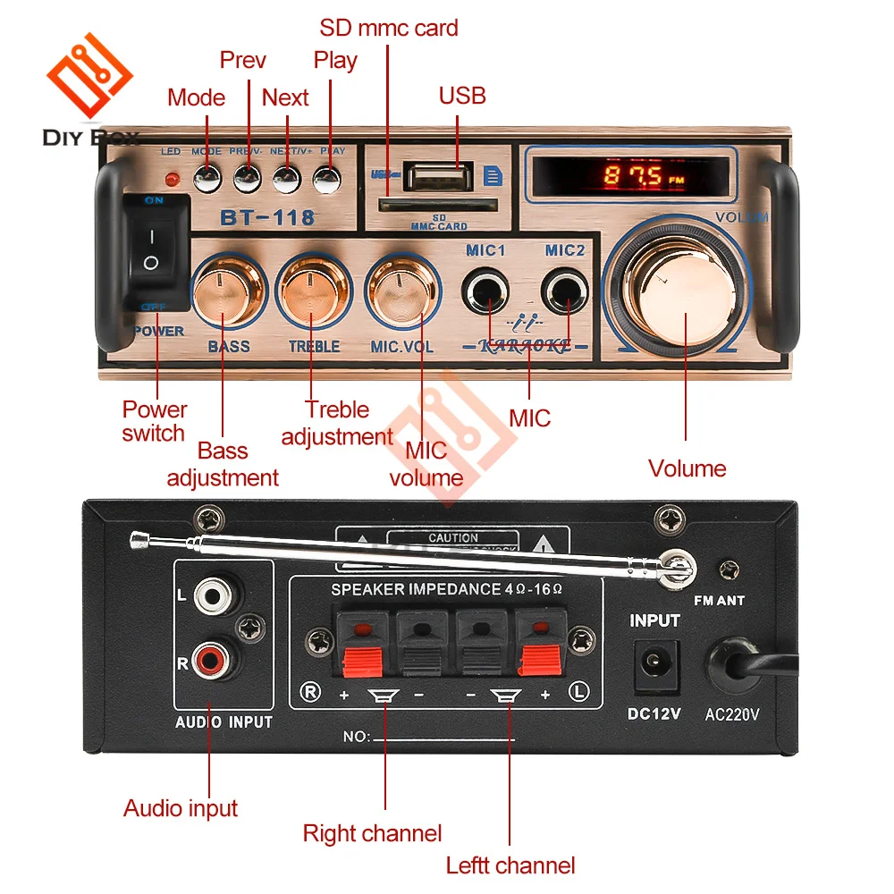 Mini HiFi Digital Bluetooth Audio Power Verstärker 12V/ 220V 2CH LCD Display Digital Bluetooth FM Radio Auto hause Verstärker