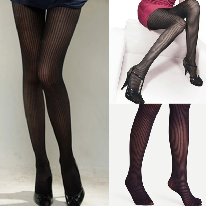 

Women Summer Silky Pantyhose Vintage Vertical Striped Jacquard Thin Sheer Tights