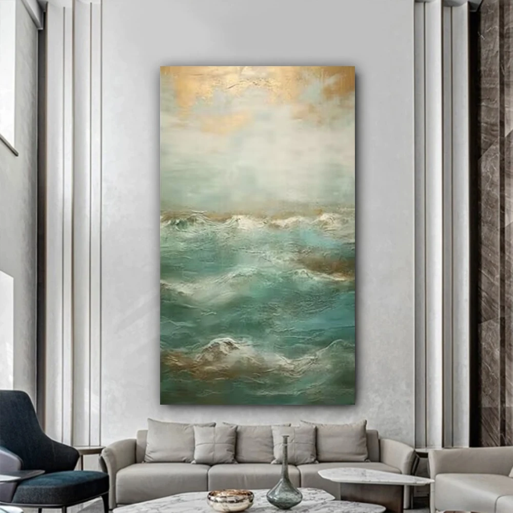 

Large Scale Abstract Handmade Texture Painting, Green Gold Foil Abstract Oil Painting, Modern Wall Art, Living Room Decoration