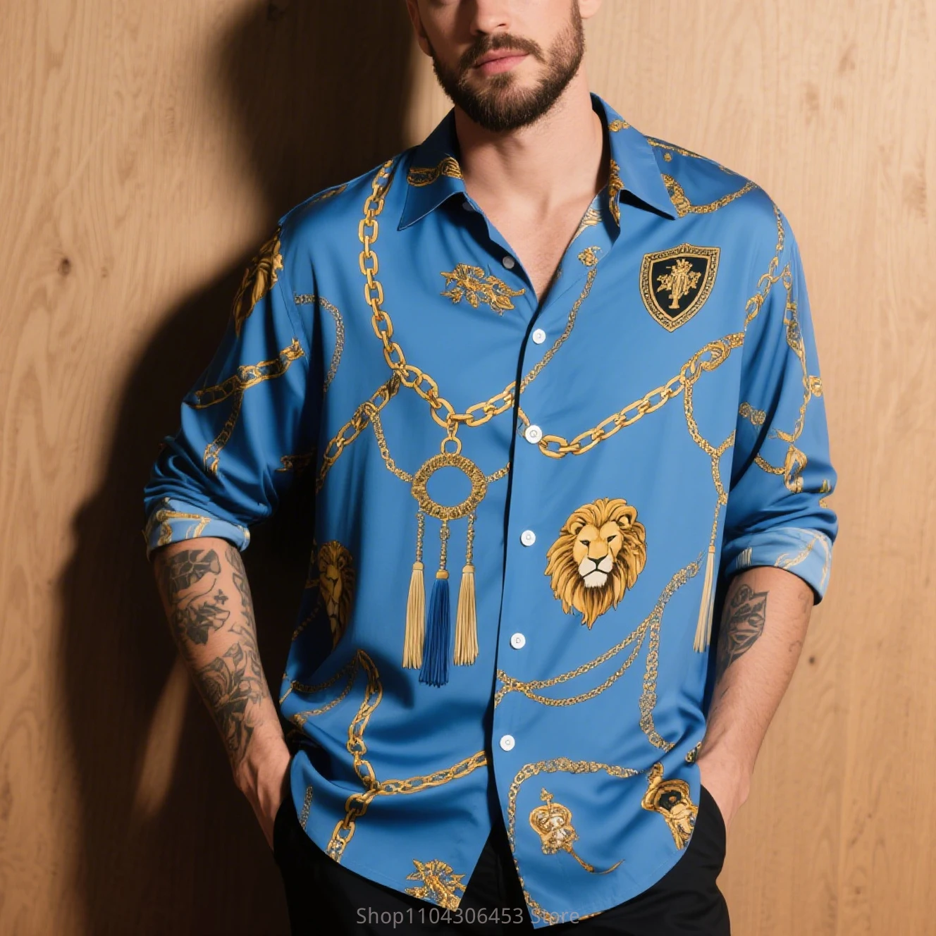 

Men's New 8 Colors Retro Chain Shackles 3D Printed Shirt Long-sleeved Square Collar Soft and Comfortable Fabric Business Casual