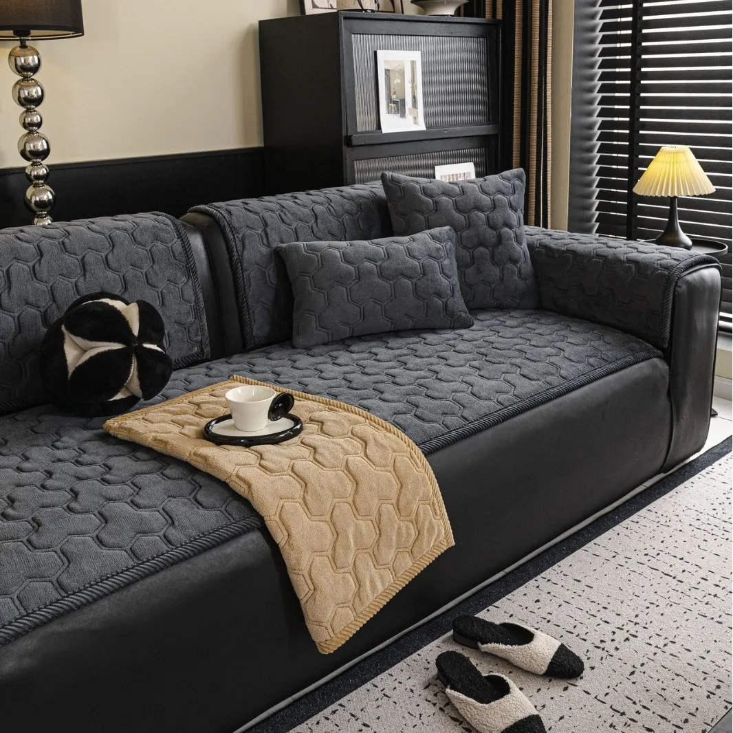 Flannel Sofa Cover Quilted Couch Slipcover Soft Thick Seat Anti Slip Cushion Pet Friendly Furniture Protector Decor