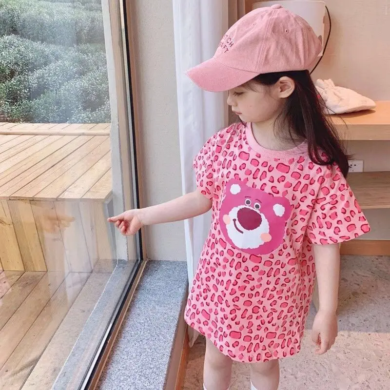 Strawberry Bear Cartoon Short sleeved Dress Summer Girls Pink Leopard Pattern Little Bear Medium Length T-shirt Dress