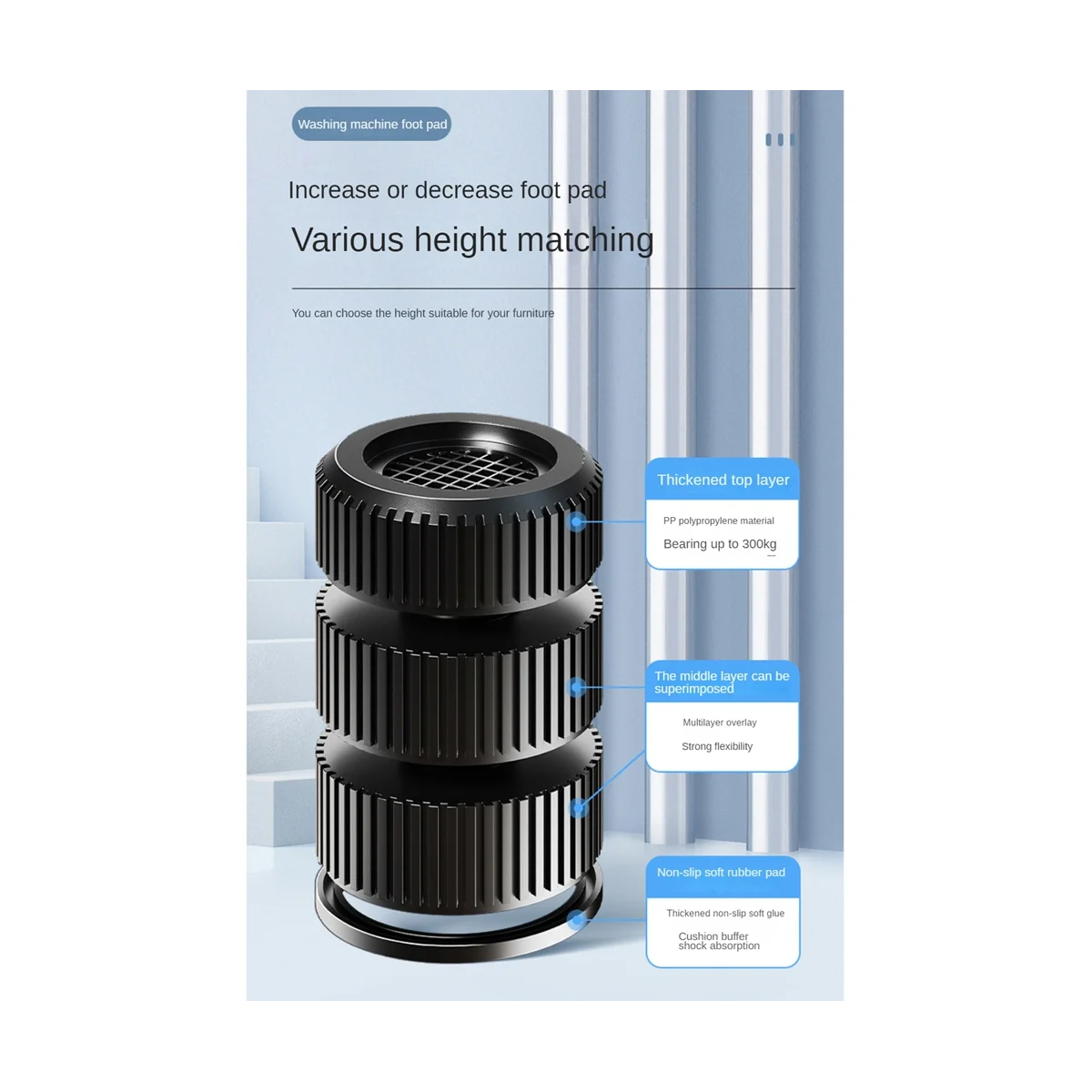 4개 세트 세탁기 높이 증가 패드 무소음 미끄럼 방지 매트 냉장고 건조기 지지대 6.3CM-HIM