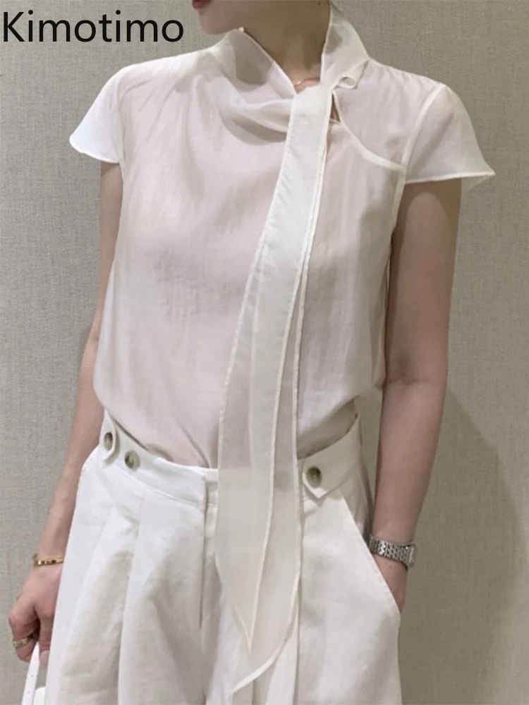 

Kimotimo Sweet Bandage Bow Thin Blouse Women 2025 Summer Solid Sheer Short Sleeve Tops Mujer Gentle Temperament Versatile Shirts
