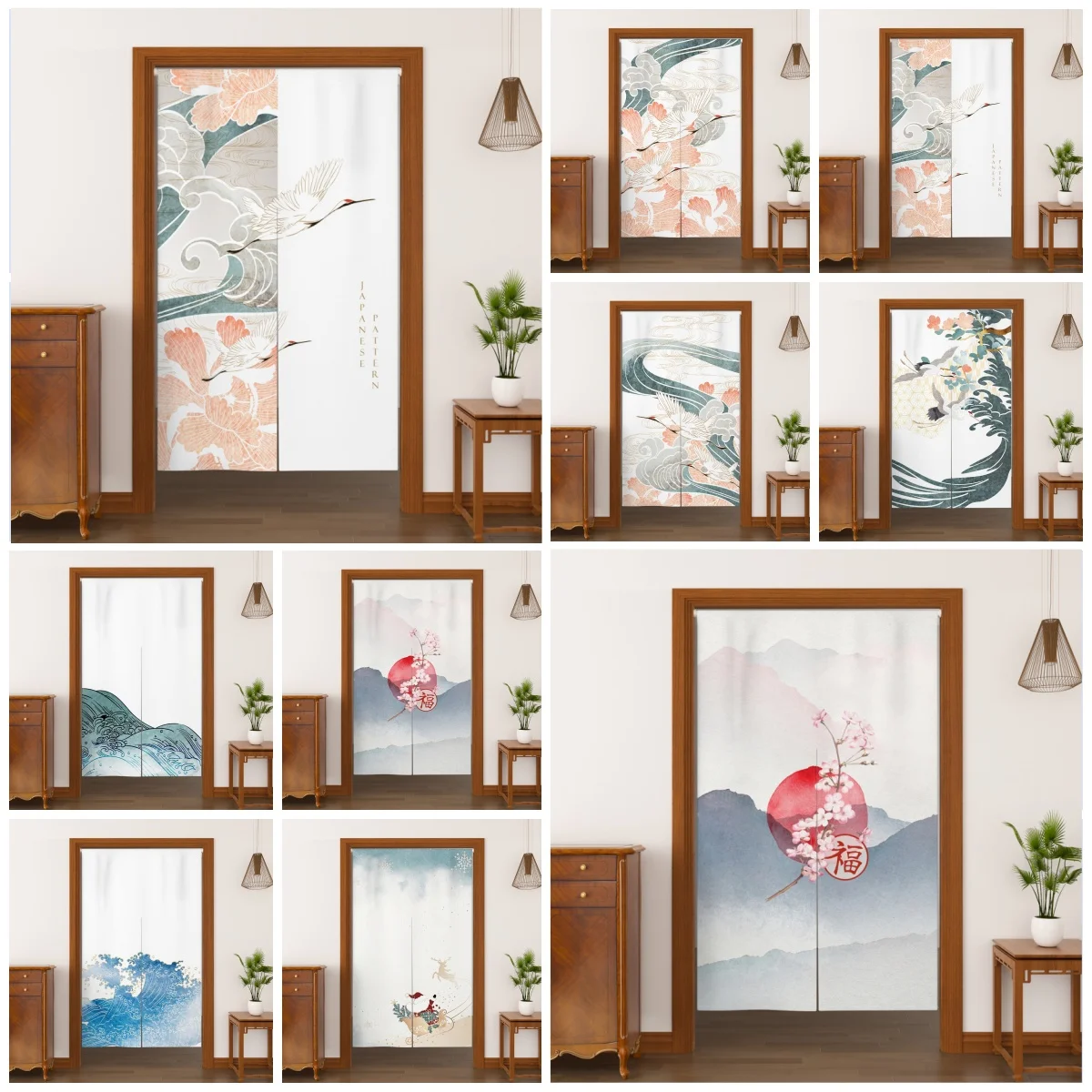 Japanese Style Noren Door Curtains Crane Wave Cloud Pattern Linen Doorway Curtain Entryway Partition Screen Kitchen Half-curtain