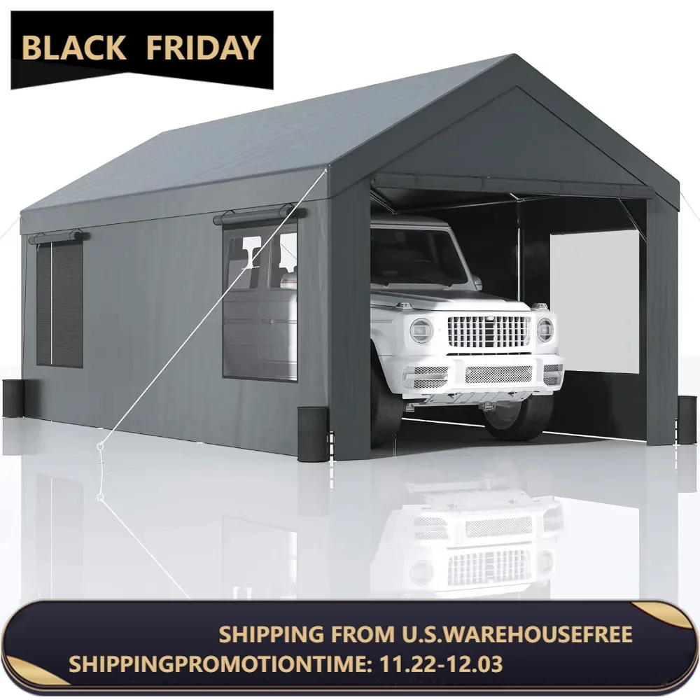 Carport 10x20ft Portable Garage,Canopy with Roll-up Windows & Removable Sidewalls, UV Resistant Waterproof All-Season Tarp